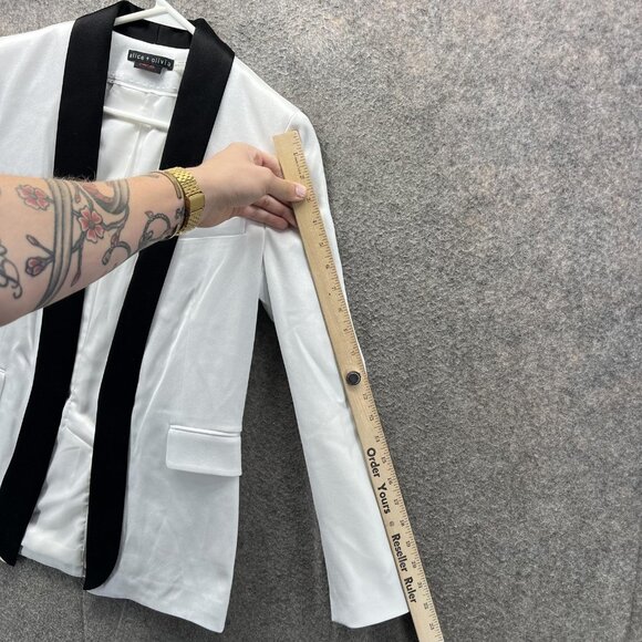 Alice + Olivia Blazer Womens 2 White Black Tuxedo Jacket Shawl Collar Satin - Picture 3 of 9